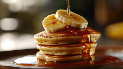Golden pancakes stacked high on a rustic wooden plate, drizzled with syrup and topped with banana slices.  A warm, inviting breakfast scene