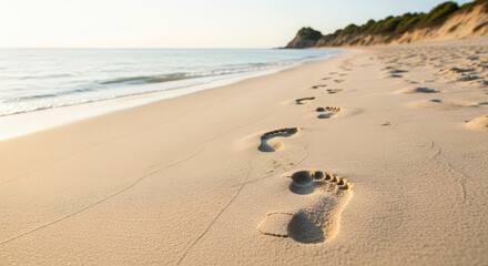Footprints In Sandy Beach Leading To The Sea On A Bright Sunny Day With Clear Horizon