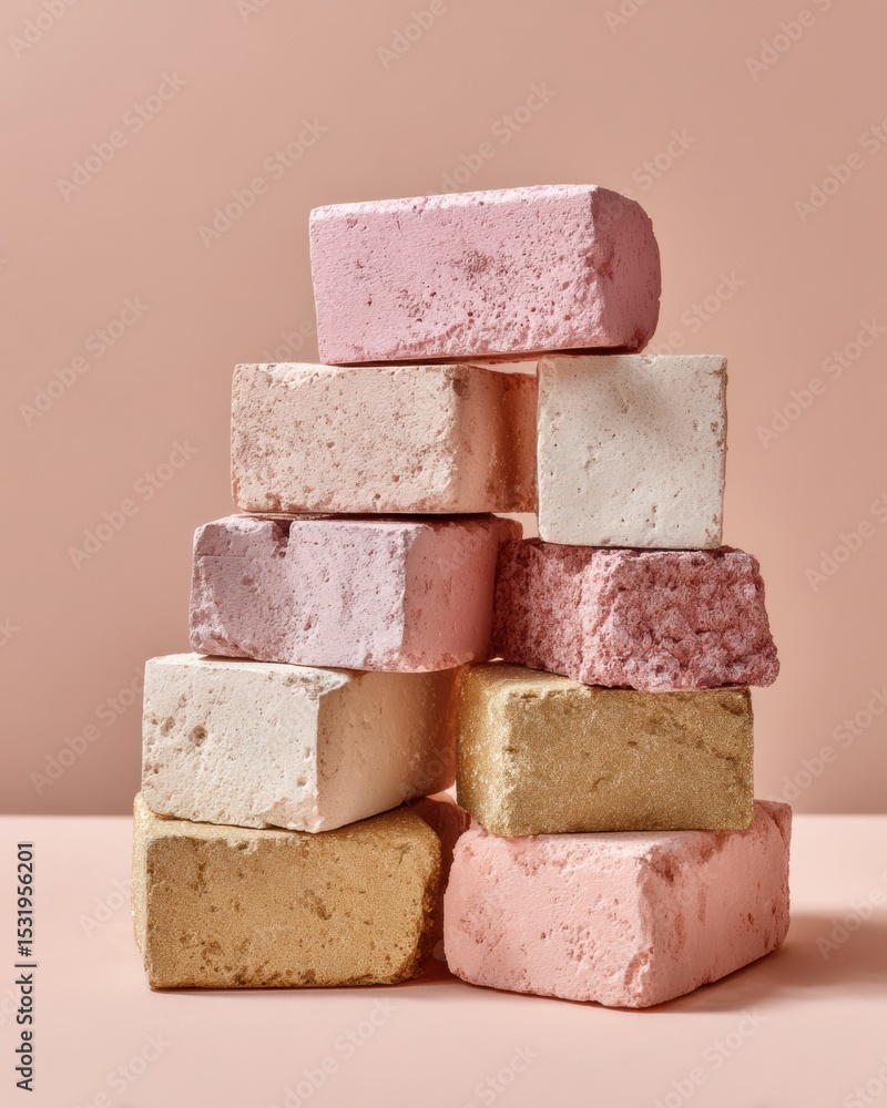 Poster modern pastel textured bricks stack in soft pink tones on minimal background, showcasing trendy mate