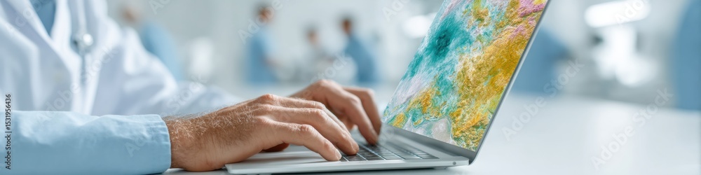 Poster Remote sensing analyst focused on satellite imagery analysis with geospatial data layers for environmental monitoring in modern GIS tech workspace