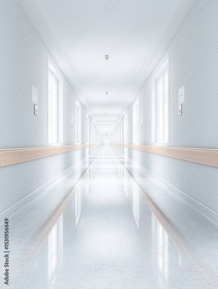 Poster modern sterile hospital corridor with polished reflective floors and handrails symbolizing professio