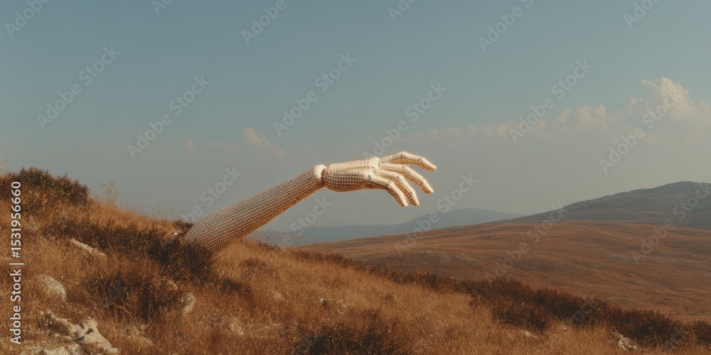 Aufkleber futuristic robotic hand interacting with holographic quantum network in nature, symbolizing technolo