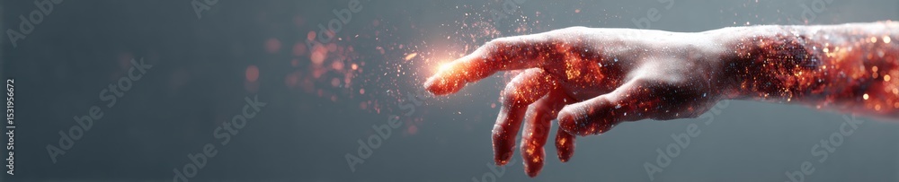 Poster futuristic robotic hand interacting with holographic quantum circuit visualization in dark space for