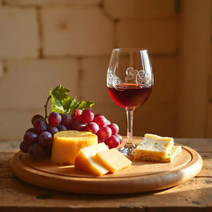 Cheese slices, red wine glass and fresh cluster of purple grapes on wooden board in warm natural light, front view.