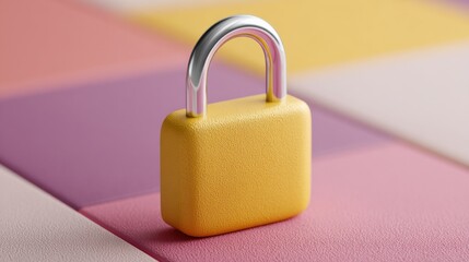 Naklejka premium Modern Yellow Padlock on Colorful Textured Blocks Emphasizing Security and Protection Trends for Digital Privacy and Cyber Defense Marketing