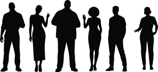 Silhouette Icons of Diverse People Standing in a Row for Inclusivity and Team flat vector illustration