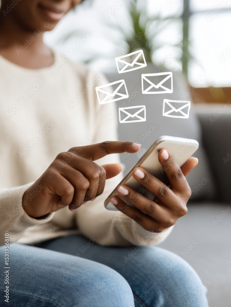 Aufkleber Modern digital communication concept with smartphone and floating message icons showing instant push notifications in casual lifestyle indoor setting