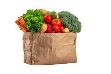 Mixed vegetables in brown paper bag for market,isolated on transparent background.