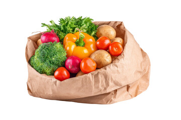 Different vegetables in brown paper bag for market,isolated on transparent background.