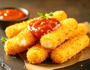 Mozzarella sticks z sosem marinara, stylizowane na czarnym tle