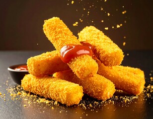 Mozzarella sticks z sosem marinara, stylizowane na czarnym tle