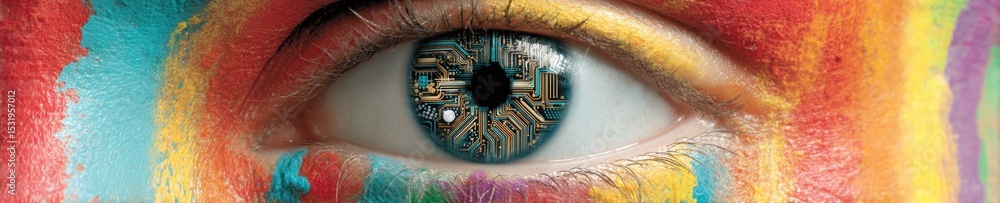 Poster privacy chip human eye close-up with integrated circuit iris elements highlighting biometric securit