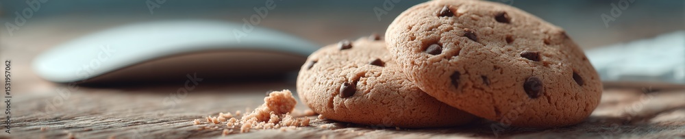 Poster chocolate chip cookies with privacy chip concept beside computer mouse and keyboard on wooden desk -