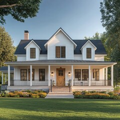 Traditional farmhouse architecture featuring gabled roofs, wraparound porches, barn-style doors, and rural aesthetics reflecting agricultural heritage.