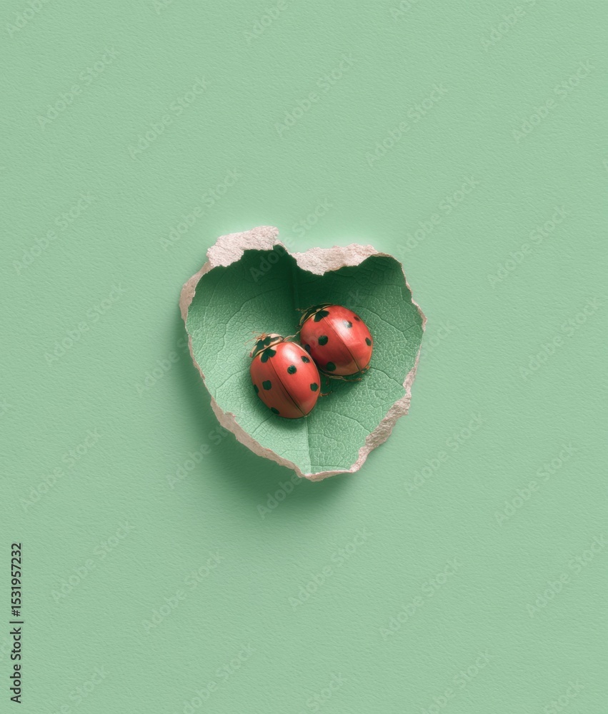 Poster post-analog textured heart-shaped ripped leaf with two ladybugs on green background showcasing eco n
