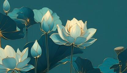 Flat turquoise lotus with gold outline on dark teal background, zen minimalist design featuring subtle gradients and intricate petal details for serene decorative applications