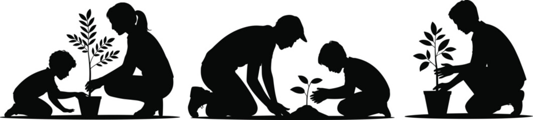 Silhouette of family planting trees together, parent and child gardening activity, environmental conservation teamwork, nature care concept