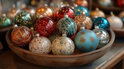 Wooden bowl filled with colorful, intricately designed Christmas ornaments creates festive and joyful atmosphere. ornaments feature various patterns and colors, adding elegance to holiday decor