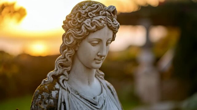 White stone statue of Grecian goddess in garden with golden hour lighting and a soft warm sunlight landscape in the background.