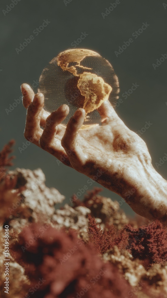 Aufkleber futuristic digital hand holding golden holographic globe with earth projection in surreal natural se