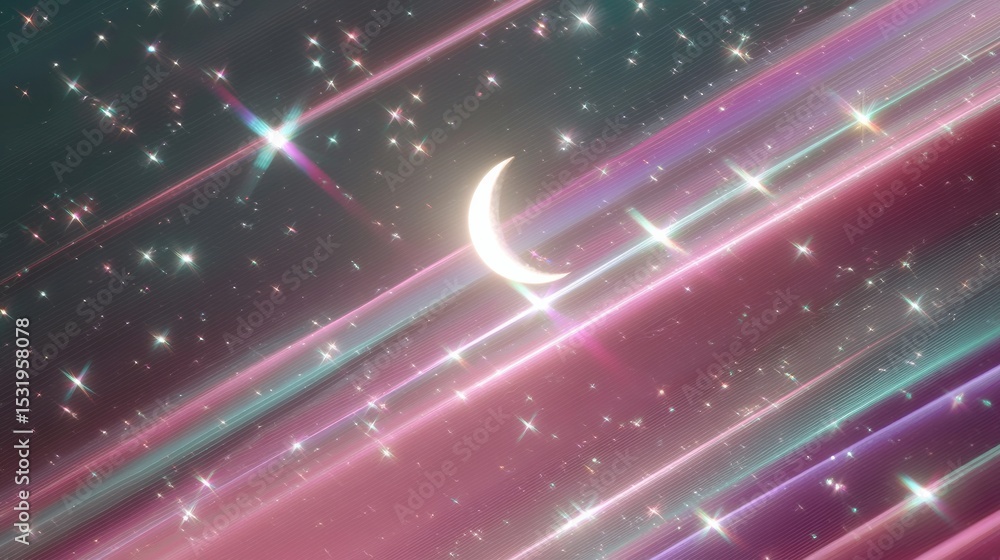 Poster new moon crescent in sparkling starry night sky with cosmic patterns for meditation apps and mindful