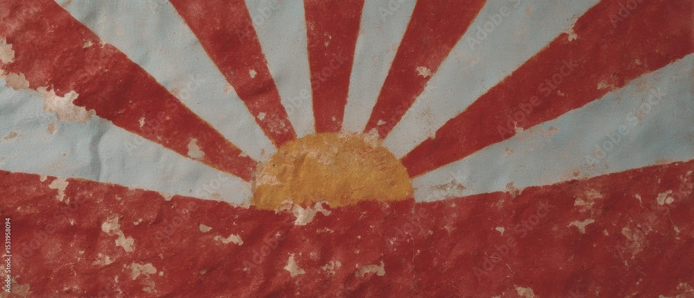 Poster weathered rising sun flag with distinctive ray pattern on textured surface evoking naval history and