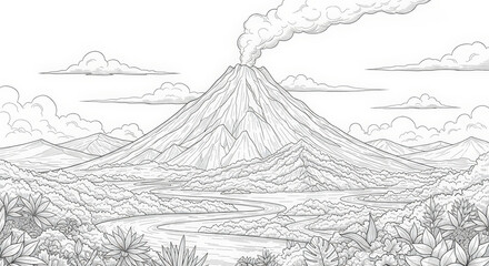 Pixelated Illustration of Volcanic Mountain Eruption against White Sky Landscape with Smoke and Dot Elements