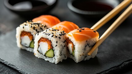 Four sushi rolls, two types, one with salmon, the other with imitation crab and cucumber, topped with sesame seeds, presented on a dark slate with chopsticks and soy sauce