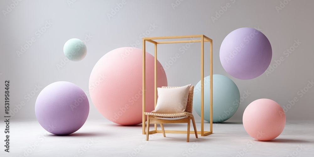 Poster midimalism interior design with floating pastel shapes and simple wooden chair silhouettes on neutra