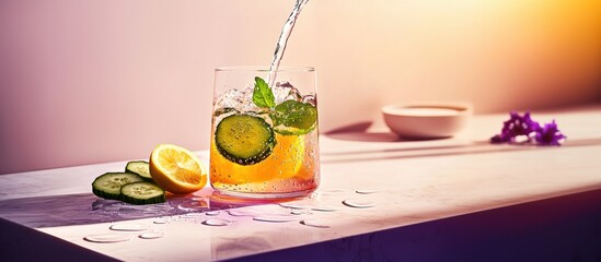 Refreshing cucumber-lemon infused water cascading into a glass pitcher on an elegant table