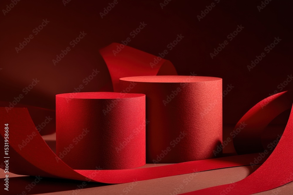 Poster Two empty red cylindrical podiums with red ribbons creating a sophisticated and elegant backdrop for product displays