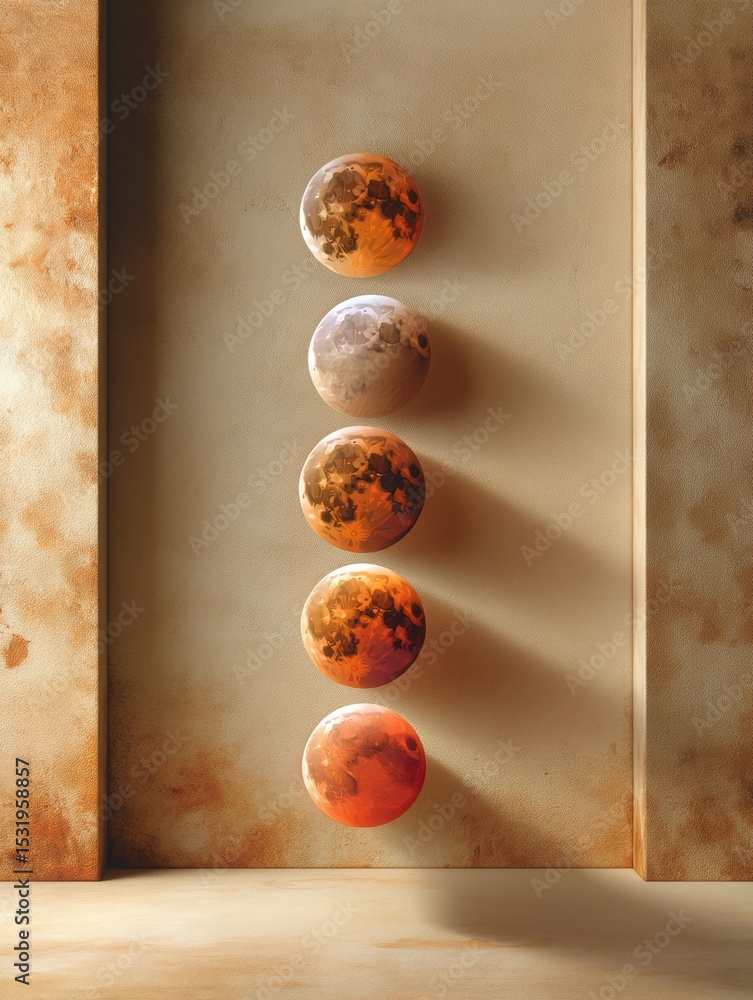 Poster Lunar Eclipse Progression Sequence Displayed in Warm Earth Tones - Astronomical Education with Modern Minimalist Design for Space Science and Timekeeping