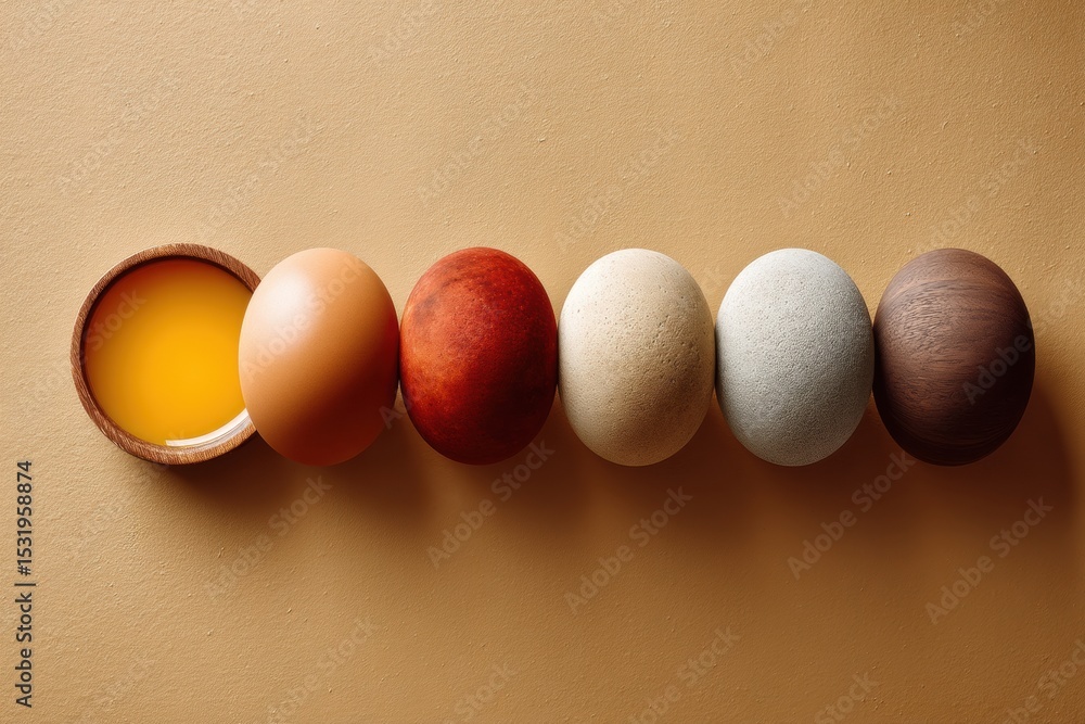 Poster modern material samples display featuring sequential egg shapes with diverse textures and natural ea