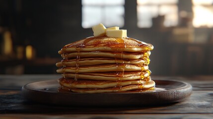 A high stack of golden-brown pancakes drizzled with amber syrup and topped with pats of butter, sits on a dark wooden plate against a blurred rustic background