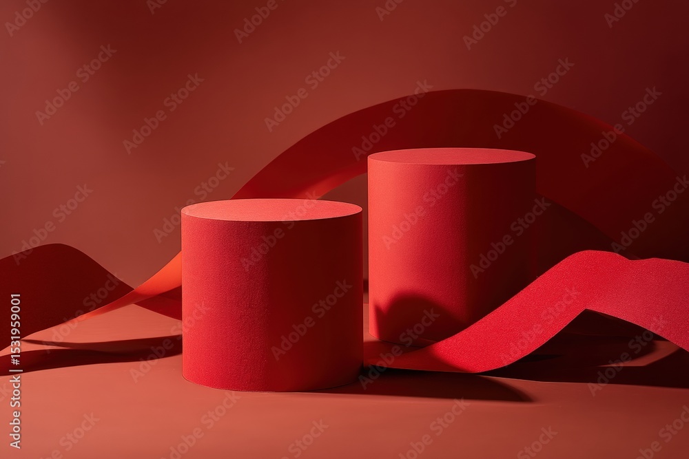 Poster Two red cylindrical podiums stand on a red surface, with a curved red paper backdrop casting soft shadows, creating a minimalist yet striking visual