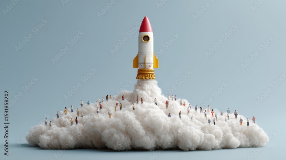 Poster retro futuristic rocket launch with detailed mechanical design and cloud smoke base symbolizing star