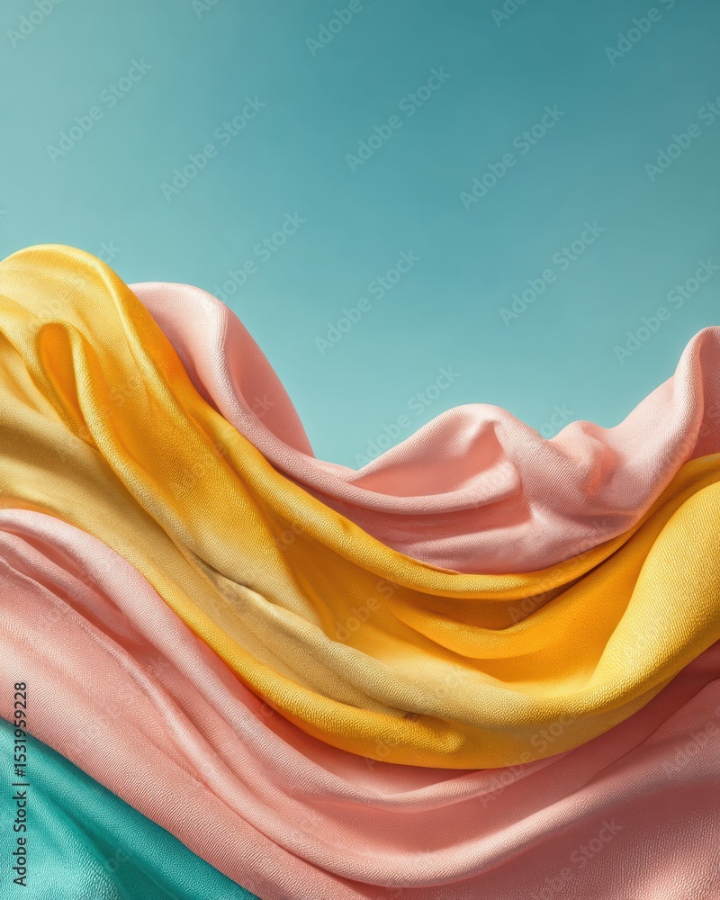 Poster dynamic close-up of colorful fabric textures in soft waves with bright pastel tones against blue sky