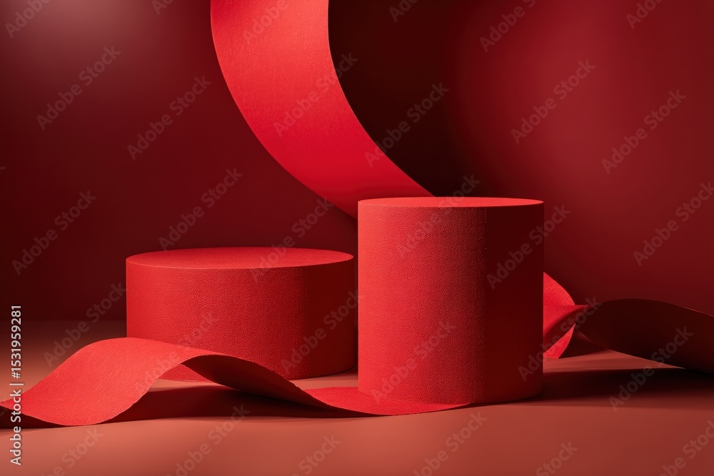 Poster Two red cylindrical podiums stand on a monochromatic background, accented by flowing ribbons, creating a dynamic composition with soft shadows and geometric shapes