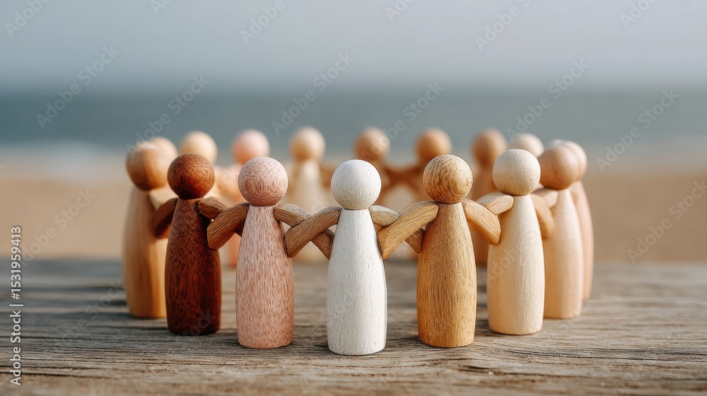 Aufkleber Diverse Wooden Figurines in Circle on Natural Surface Symbolizing Inclusive Values and Unity for Social Impact and Organizational Harmony Initiatives