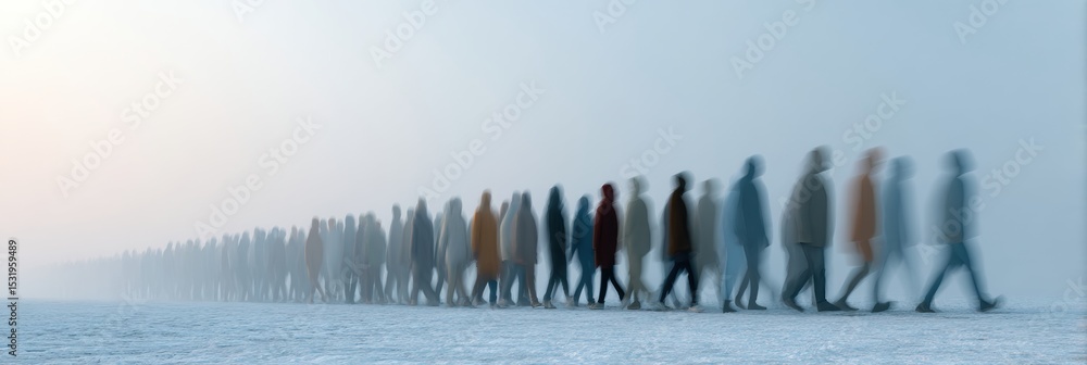 Poster abstract silhouettes of diverse crowd blending in gradient with textured background symbolizing soci