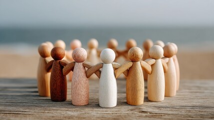 Diverse Wooden Figurines in Circle on Natural Surface Symbolizing Inclusive Values and Unity for Social Impact and Organizational Harmony Initiatives