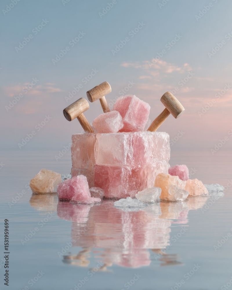 Aufkleber collaborative icebreaker concept with large pink ice block and wooden mallets on reflective surface 