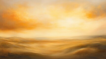Fototapeta premium Rolling sand dunes under a vast sky painted in warm oranges and yellows.