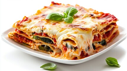 A square white plate holds a serving of baked lasagna with layers of pasta, tomato sauce, ricotta cheese, and spinach, topped with melted mozzarella cheese and fresh basil leaves