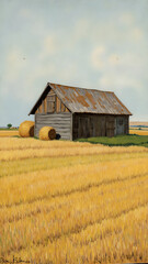 Rustic Barn Surrounded by Golden Wheat Fields and Round Hay Bales Under Blue Sky