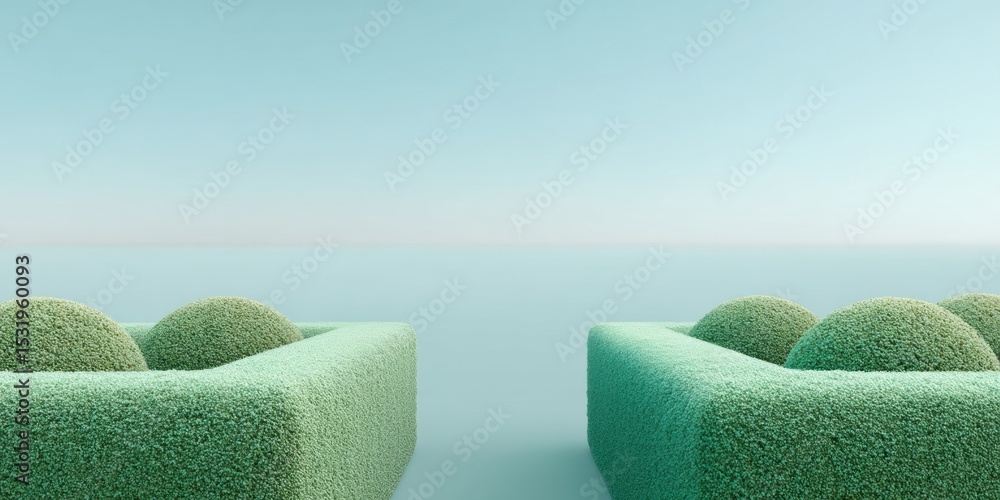 Poster minimalist panoramic view of sculpted hedge fence with geometric lines under clear sky symbolizing s