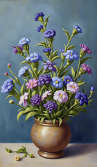Colorful Blooming Flower Arrangement in Decorative Vase on a Gentle Blue Background
