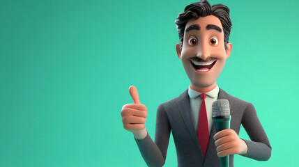 Engaging speaker gives thumbs up virtual presentation animated character bright background enthusiastic viewpoint