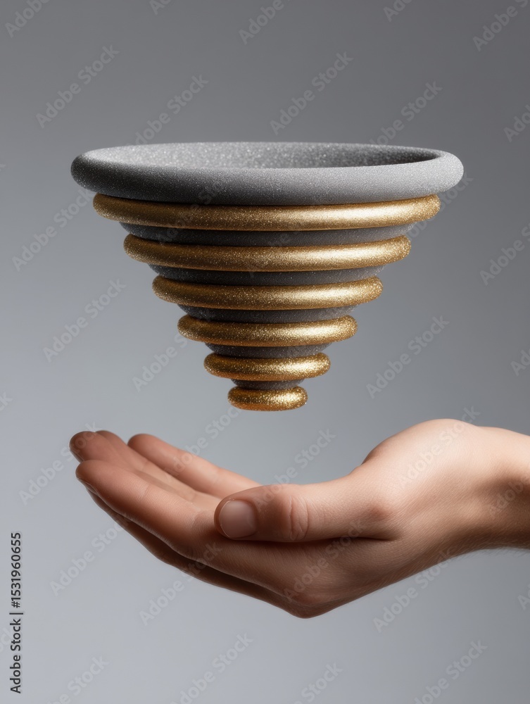 Poster Digital Marketing Funnel Hologram Held by Hand with Floating Business Icons and Conversion Pathway for Sales Growth and Customer Journey Optimization