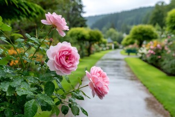Pink roses blooming in a garden after the rain